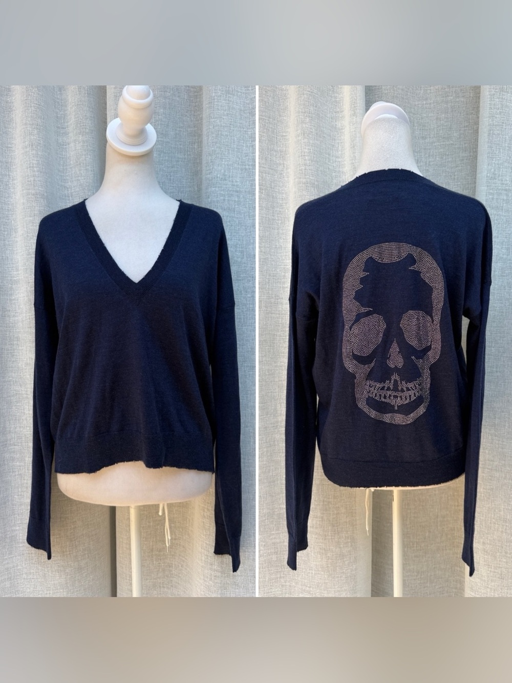 Zadig Voltaire Navy Blue Skull Knit v neck Sweater Merino Wool Silk Blend